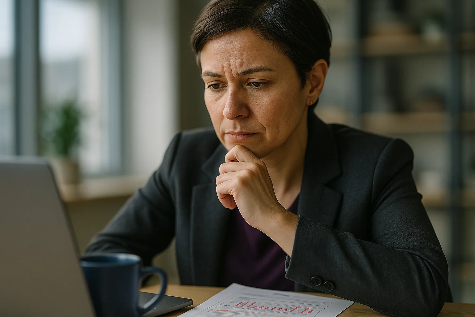 Mujer profesional preocupada revisando un reporte de gastos con anotaciones en rojo, junto a su laptop