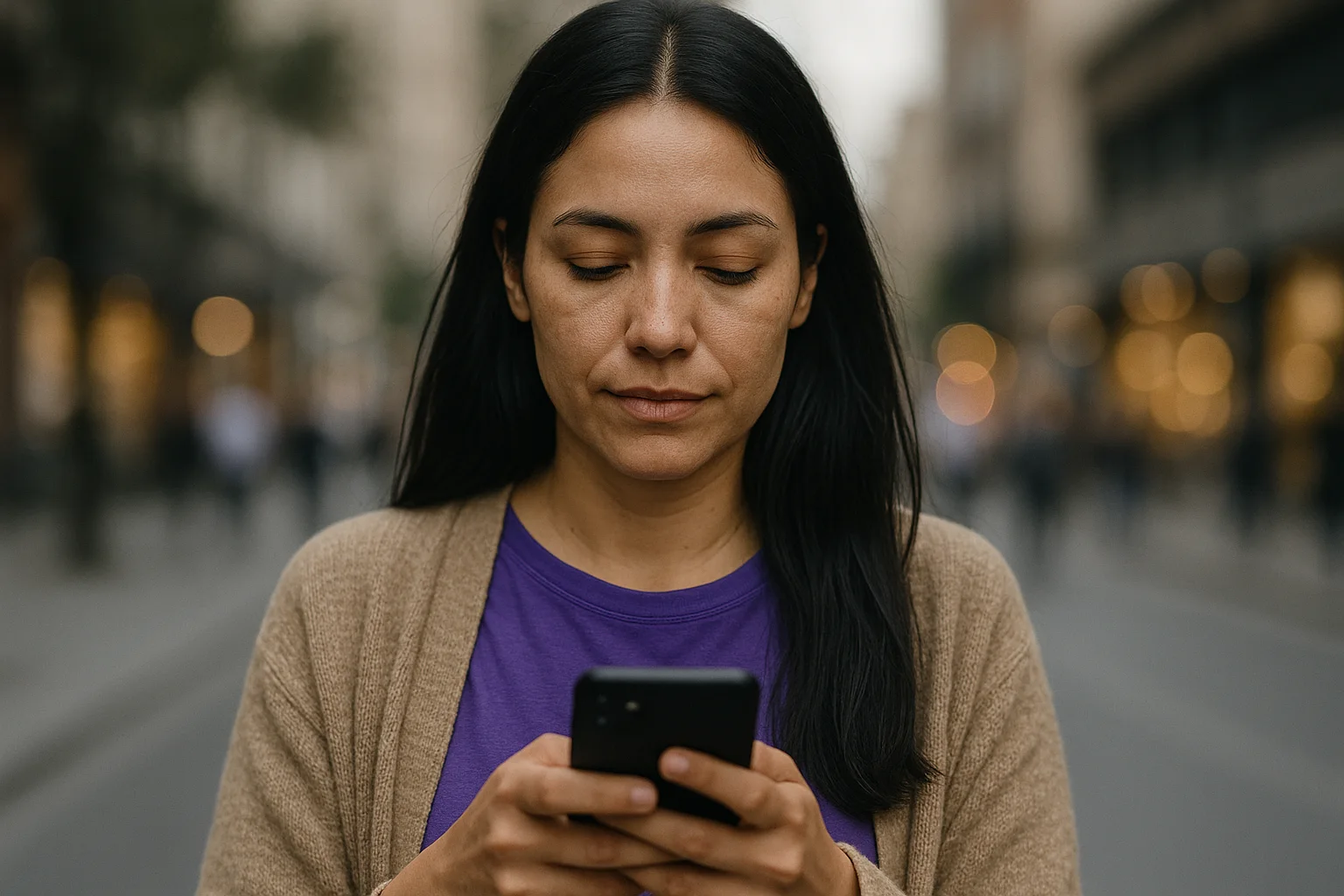 Mujer caminando por la calle revisando su teléfono al atardecer, con luces urbanas de fondo