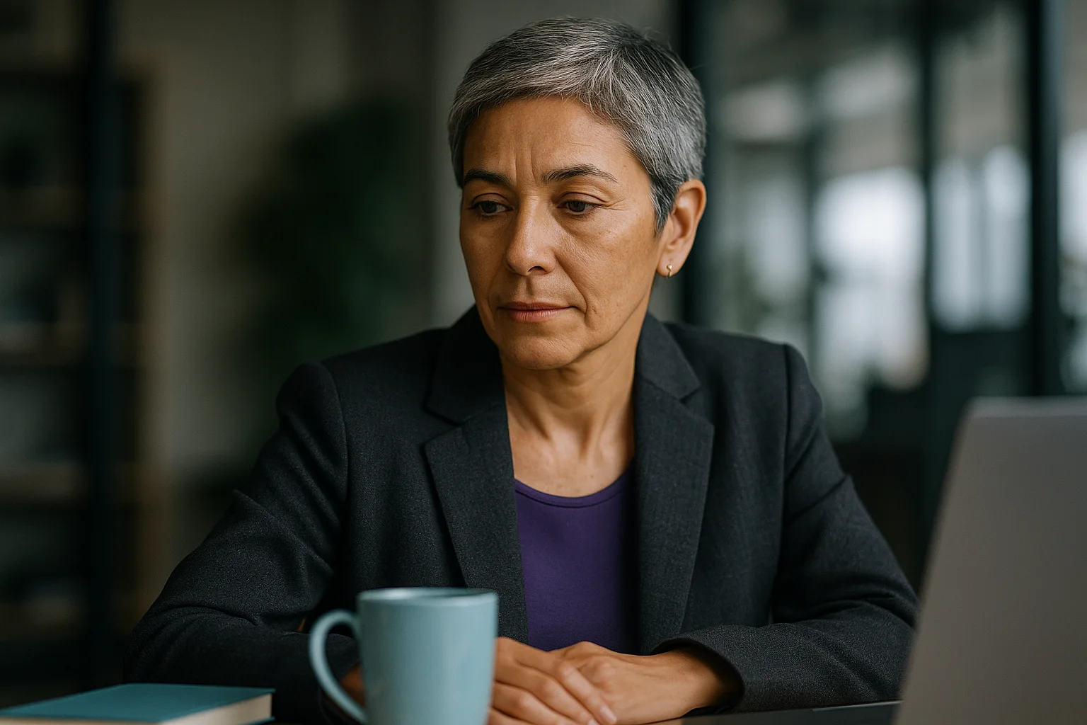 Retrato de una dueña de negocio pensativa frente a su laptop, con una taza de café en el escritorio