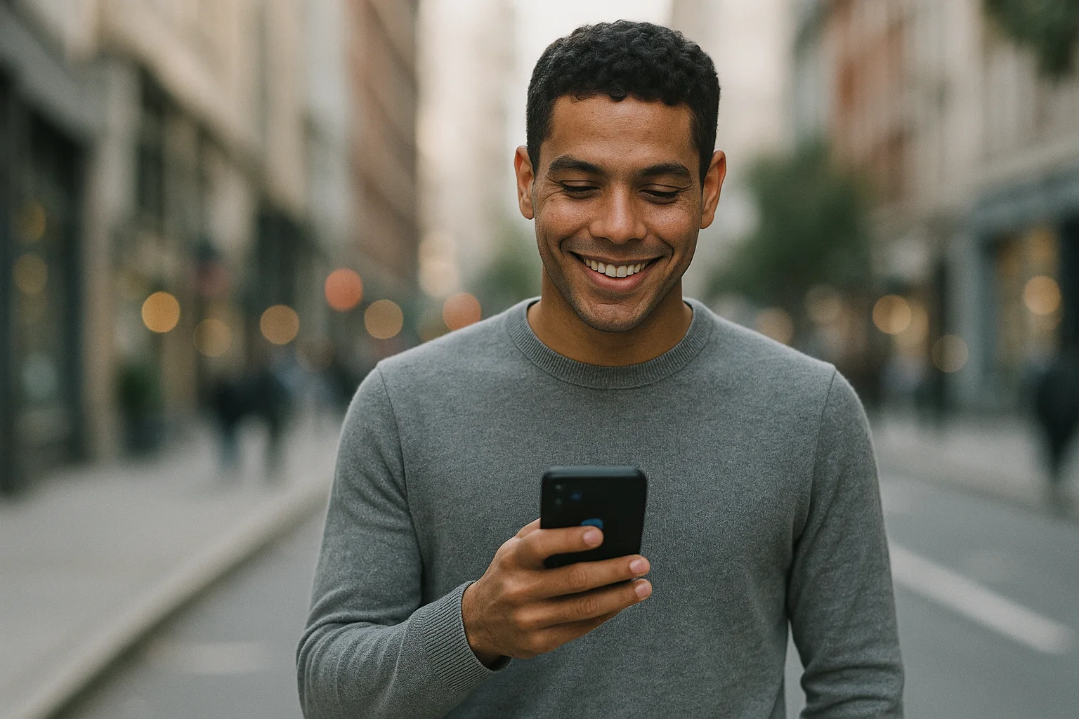 Hombre sonriente revisando mensajes en su teléfono mientras camina por la calle