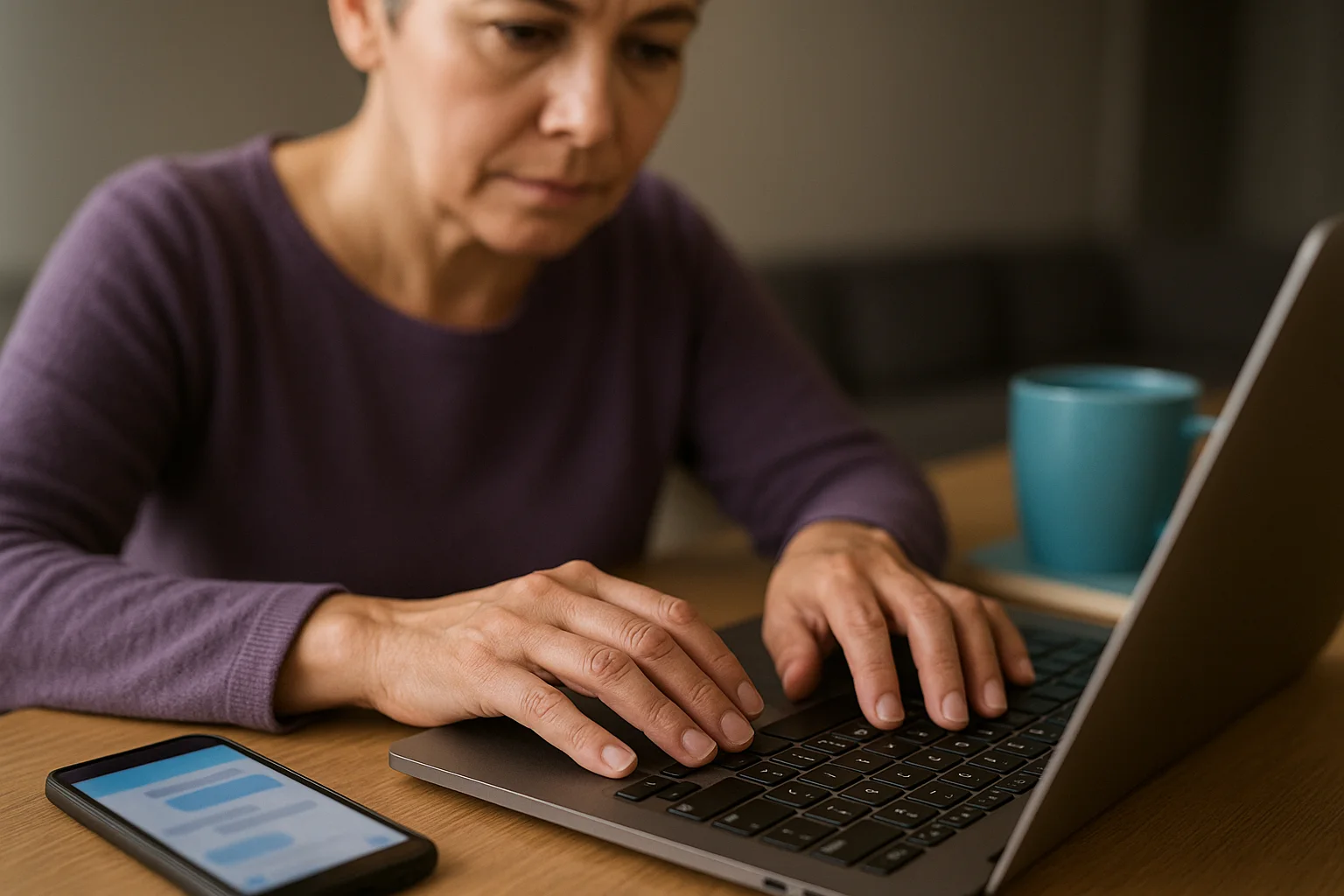 Manos de una mujer escribiendo en su laptop durante una clase en línea, con el teléfono cerca mostrando gráficas