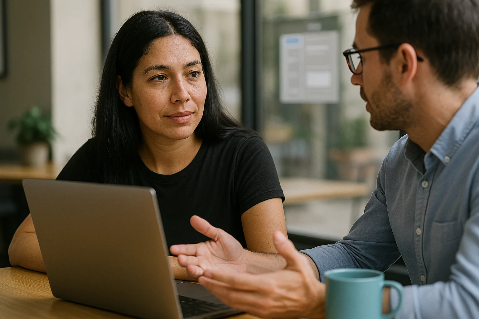 Dos personas conversando en una reunión de trabajo, con una laptop sobre la mesa