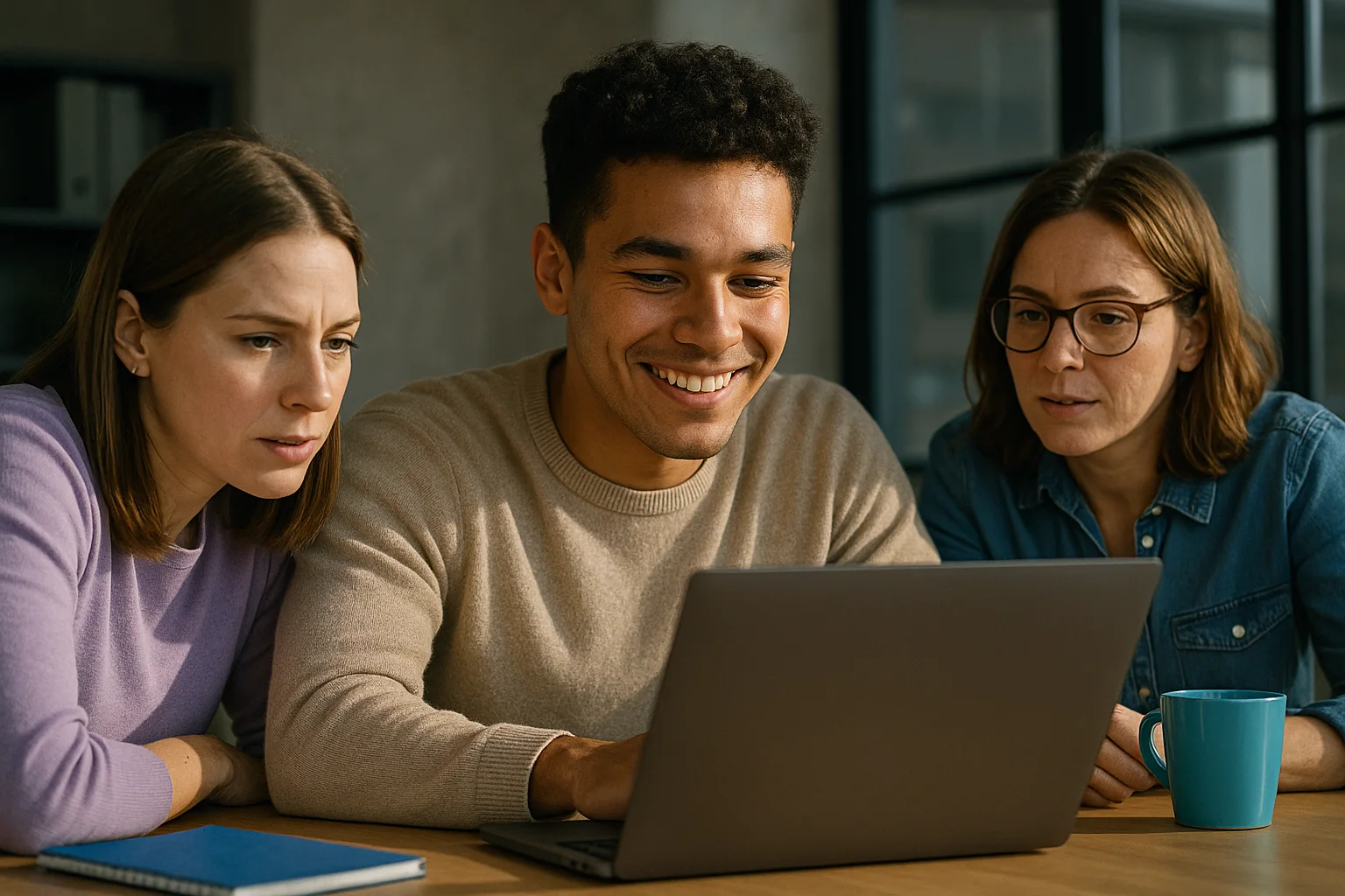 Equipo de tres personas sonriendo mientras revisan ideas creativas juntos frente a una laptop