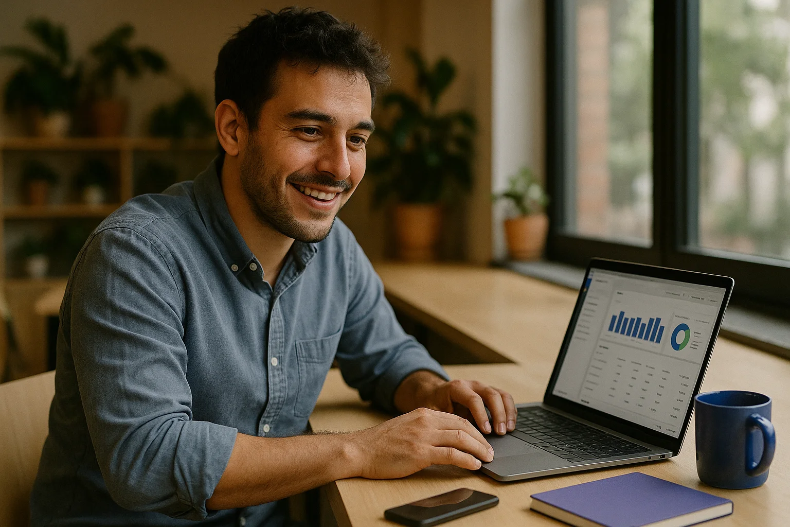 Hombre sonriendo frente a su laptop mientras revisa las gráficas de rendimiento de sus anuncios en un espacio de coworking